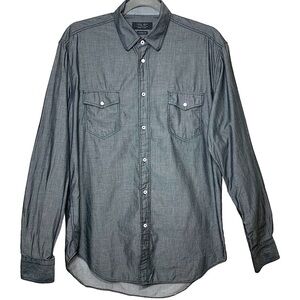Zara Button Up Shirt Sz M Chambray Gray Tailored Long Sleeve Sawtooth Western